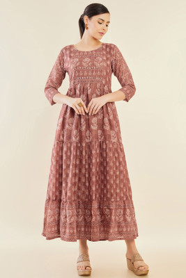soch Women A-line Brown, Beige Midi/Calf Length Dress