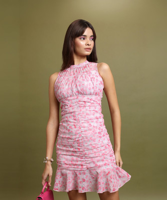 Tokyo Talkies Women Ruffled White, Pink, Light Blue Above Knee/Mid Thigh Length Dress
