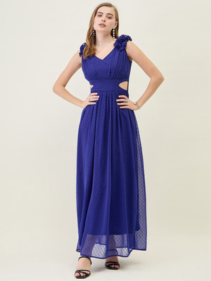 AAYU Women Fit and Flare Blue Maxi/Full Length Dress