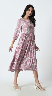 THREADLY Women Ethnic Dress Pink, White Below Knee Dress