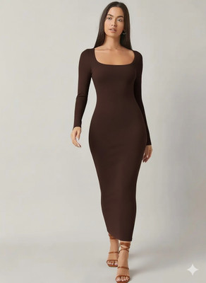 QUINTESSENTIALS Women Bodycon Brown Maxi/Full Length Dress