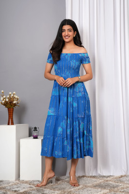 VYMO Women Fit and Flare Blue Midi/Calf Length Dress