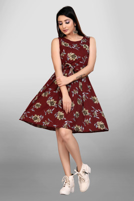 Lnfashionn Women A-line Maroon Above Knee/Mid Thigh Length Dress