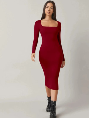 Western Darji Women Bodycon Maroon Below Knee Dress