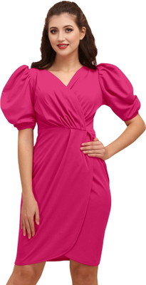 A To Z Cart Women Wrap Pink Above Knee/Mid Thigh Length Dress