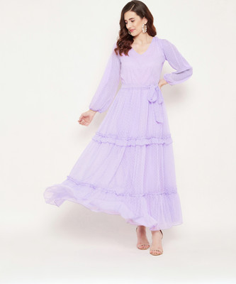 BITTERLIME Women Fit and Flare Blue Maxi/Full Length Dress