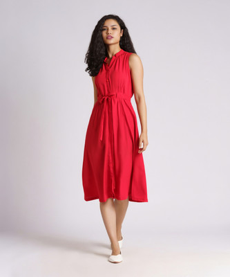 AASK Women Fit and Flare Red Knee Length Dress