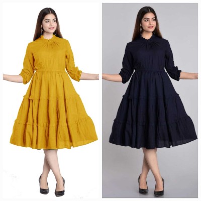 NG Fashion Women Fit and Flare Yellow, Dark Blue Dress
