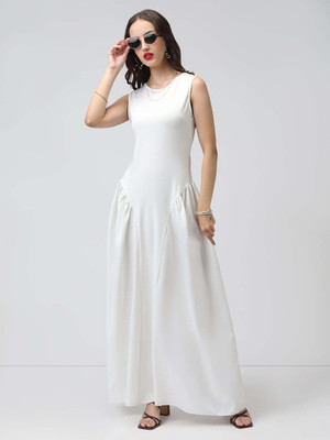 SHOWOFFFF Women Fit and Flare White Maxi/Full Length Dress