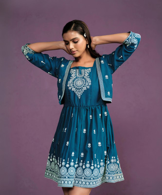Sangria Women Fit and Flare Blue Above Knee/Mid Thigh Length Dress