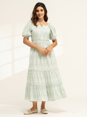 AASK Women Fit and Flare Light Green Ankle Length Dress