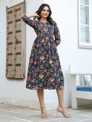 Janasya Women A-line Blue Midi/Calf Length Dress