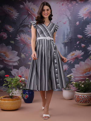 Yanamora Women Fit and Flare Grey Midi/Calf Length Dress