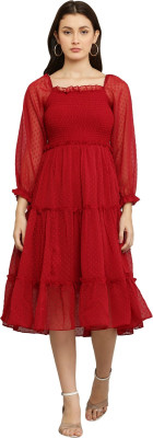 Vividh Women Fit and Flare Red Knee Length Dress