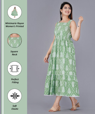 PRADHRUHE Women Fit and Flare Light Green, White Midi/Calf Length Dress