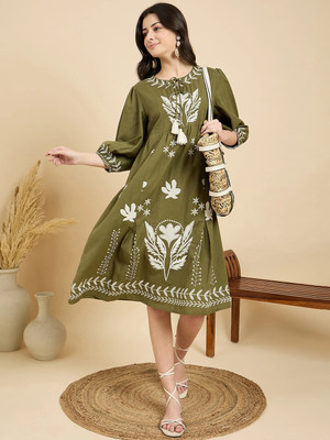 ZUMMER Women Fit and Flare Light Green Midi/Calf Length Dress