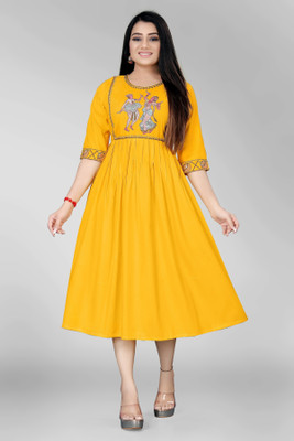 ShopGlobal Women Fit and Flare Yellow Midi/Calf Length Dress