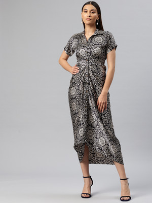 Cottinfab Women Shirt Black, Beige Midi/Calf Length Dress