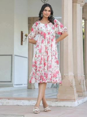 Janasya Women Fit and Flare Beige Midi/Calf Length Dress