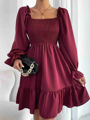 Mermaids Women Fit and Flare Maroon Above Knee/Mid Thigh Length Dress