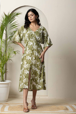 R RANAK CREATION Women Fit and Flare Green Midi/Calf Length Dress