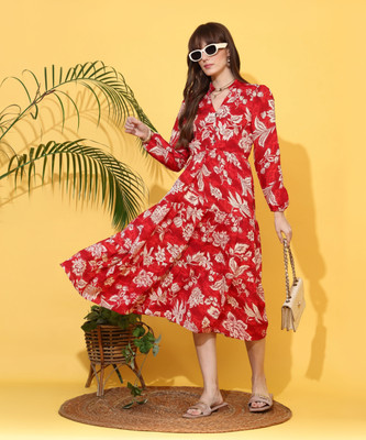 Sheetal Associates Women Fit and Flare Red, Beige Below Knee Dress