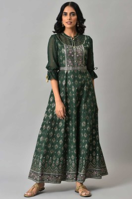 Aurelia Women Ethnic Dress Dark Green, Gold Dress