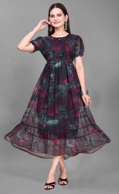 QUEUEE CREATION Women Fit and Flare Multicolor Midi/Calf Length Dress