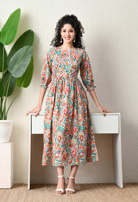 ichaa Women A-line Green, Orange, Brown, White Midi/Calf Length Dress