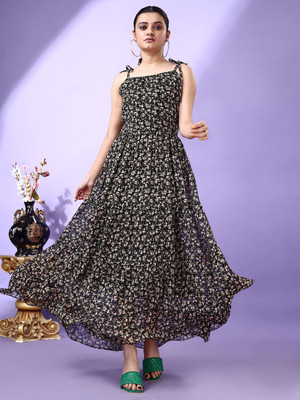 Herway Women Fit and Flare Black Maxi/Full Length Dress