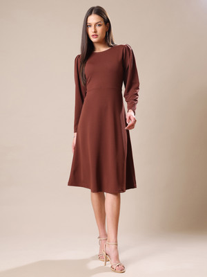 PURVAJA Women A-line Brown Below Knee Dress