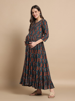 Gujari Women Floral Print Anarkali Kurta(Blue)