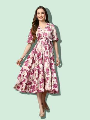HouseOfCommon Women Fit and Flare White Below Knee Dress