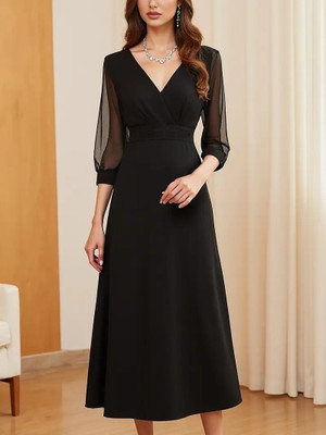 HouseOfCommon Women Fit and Flare Black Midi/Calf Length Dress