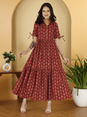 Drashti Textiles Women Gathered Maroon Midi/Calf Length Dress
