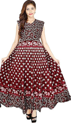 New Kanishka Boutique Women Fit and Flare Maroon, White Maxi/Full Length Dress