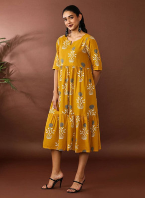Bbajrang creation Women A-line Yellow, White Knee Length Dress