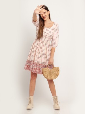 Zink London Women A-line Pink, White Dress