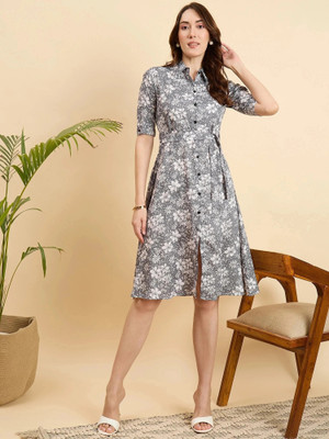 Dwarros Women A-line Grey Knee Length Dress