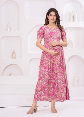 Drashti Textiles Women Maxi Pink Full Length Dress