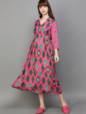 Colour Me by Melange Women Fit and Flare Pink, Dark Green, Green Dress