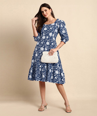 Janasya Women A-line Blue Midi/Calf Length Dress