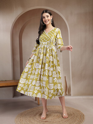 Stylum Women Fit and Flare Yellow Midi/Calf Length Dress