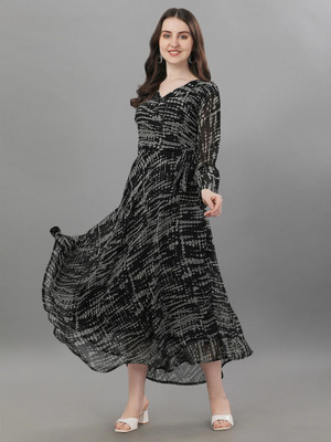 Fashion2wear Women A-line Black, Grey Midi/Calf Length Dress