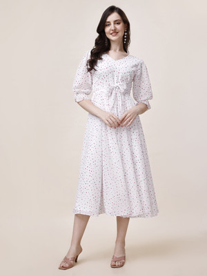 Herway Women A-line Pink, White Midi/Calf Length Dress
