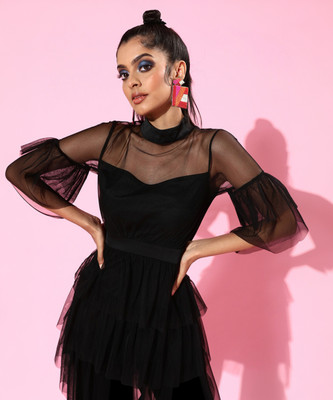 KASSUALLY Women Fit and Flare Black Above Knee/Mid Thigh Length Dress