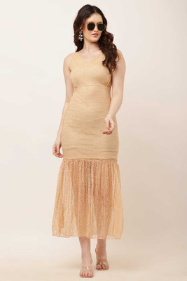 Stylespot Women Fit and Flare Gold Knee Length Dress