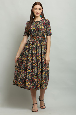 Shyammc Women Fit and Flare Multicolor Midi/Calf Length Dress