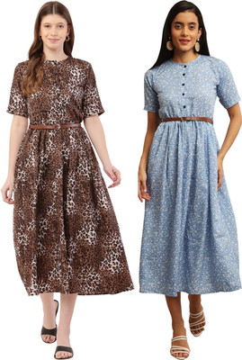 Mamnoon Women Fit and Flare Light Green, Multicolor Midi/Calf Length Dress