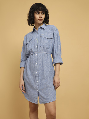 Wrangler Women A-line Blue, White Above Knee/Mid Thigh Length Dress